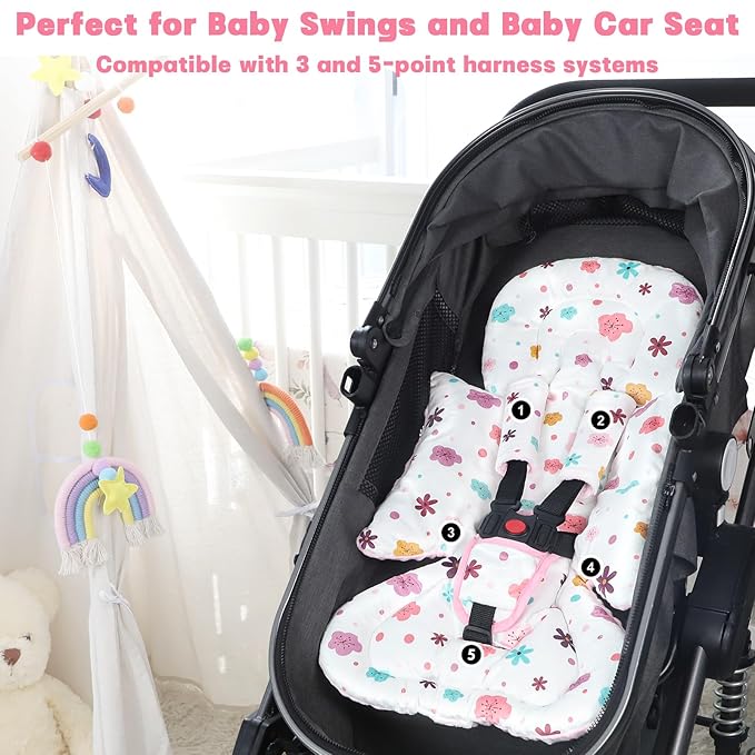 Pea Pod Infant Car Seat Insert with 3 Strap Covers, Reversible Baby Car Seat Head and Body Support, Minky Dot Newborn Carseat Insert for Preemie (Pink Floral)