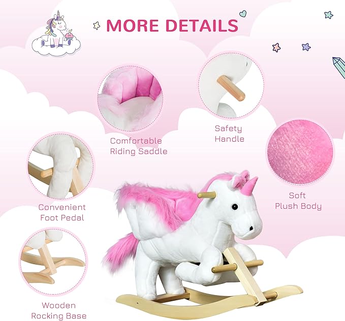 Qaba Unicorn Baby Rocking Horse Toy for Kids with Lullaby Song, Plush Ride on Horse with Heavy-Duty Support System, Interactive Toy Pretend Play Toy for Toddlers 18-36 Months