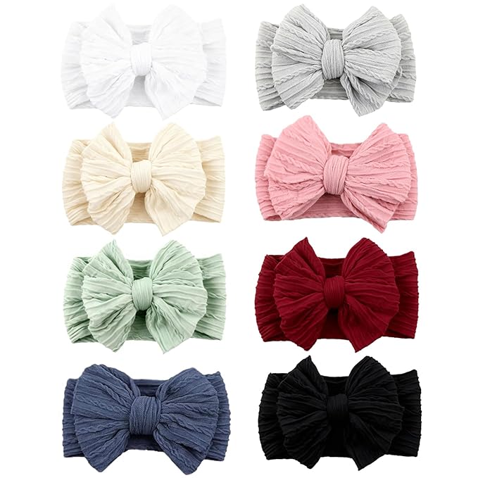 8 Pcs Baby Bows Headbands Soft Nylon Hairbands Super Elastic Headband Hair Accessories For Baby Girls Infant Toddler Essentials (8 Color-Warm, Mid)