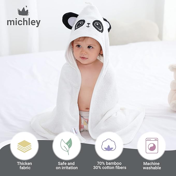 MICHLEY Bamboo Viscose Baby Hooded Bath Towel for Boys and Girls, 29.5 x 29.5 Inch Ultra-Soft and Quick-drying Infant Bathrobe (Panda)