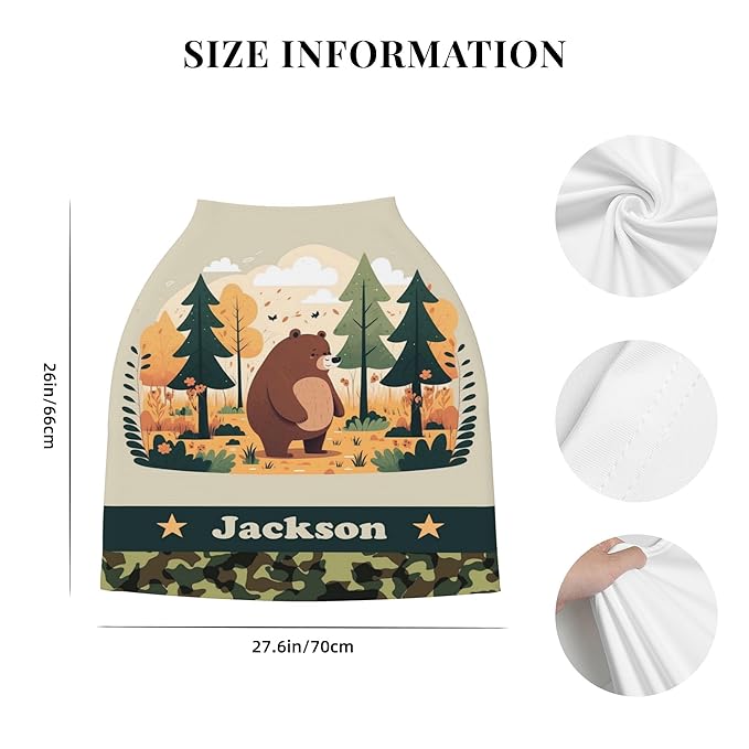 Personalized Bear Baby Car Seat Cover with Name,Multi-Use Canopy for Nursing, Strollers,Shopping Carts,Customized Breastfeeding Cover, Full Privacy,Infant Stroller Cover