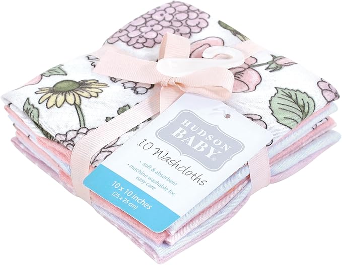 Hudson Baby Unisex Baby Flannel Cotton Washcloths, Vintage Blossom 10 Pack, One Size