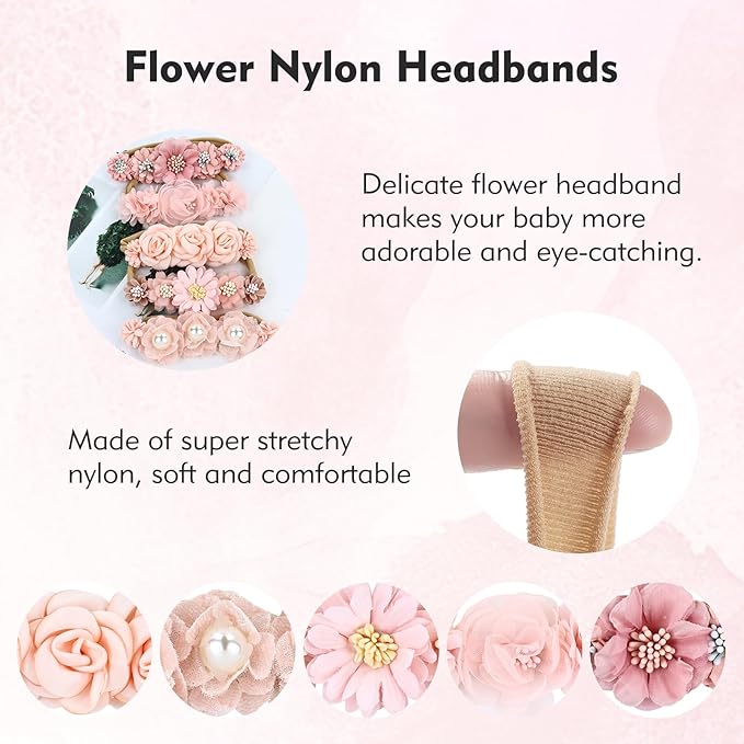 Cinaci 5 Pack Delicate Floral Flower Nylon Headbands Hair Bands Accessories for Baby Girls Newborns Infants Toddlers Kids (5 Pack S10)