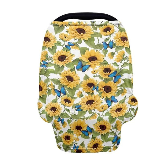 LedBack Blue Butterfly Sunflower Stretchy Car Seat Cover for Babies Nursing Cover Breastfeeding Cover,Soft Breathable Baby Carseat Canopy