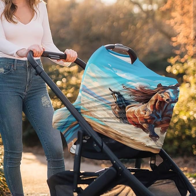 ZFRXIGN Horse Nursing Covers for Breastfeeding and Car Seat Baby Car Seat Covers, Infant Stroller Cover, Carseat Canopy Carseat Cover Girls Blue Beach Sky