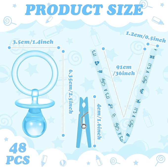 Coume 48 Sets Baby Shower Pacifiers Necklace with Mini Clothes Pins Acrylic Pacifier Bulk Newborn Party Favors for Women Men Baby Shower Decorations Gender Reveal Party Supplies(Blue)