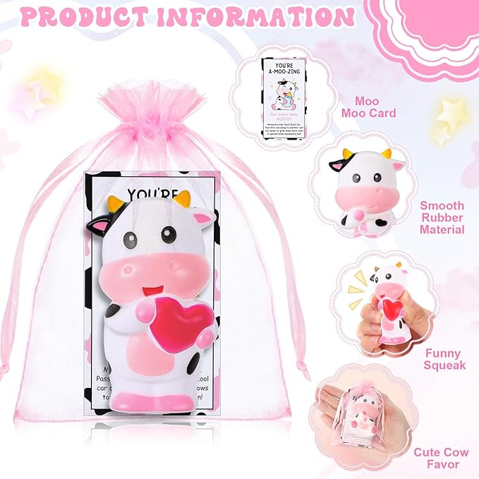 Jenaai 50 Sets Cute Rubber Cow Gifts Set Include Squeak Floating Cows Moo Moo Cards Organza Bags Rubber Animal Figures Bathtub Toy for Employee Baby Shower Bulk