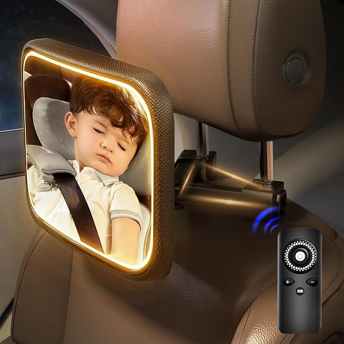 Baby Car Mirror with Light - Rechargeable Baby Mirror for Car with Remote Control, Clear Vision, 360° Rotation Rear Facing Car Seat Mirror, Shock and Shatter Resistant