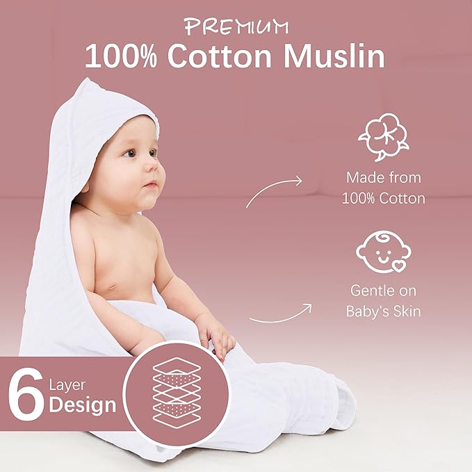 MOON PARK 2 Pack Muslin Hooded Baby Bath Towels for Newborns, Infants, Toddlers - 100% Cotton - Large 32x32Inch Size - Highly Absorbent and Essential, White and Aqua