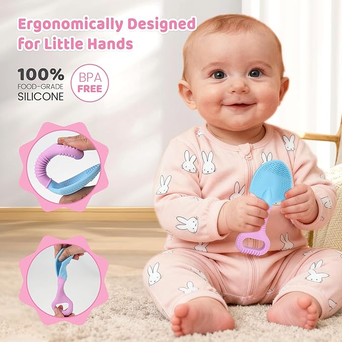 Baby Teething Toys, Baby Teether Toys Shovel & Rake Silicone Teethers for Babies 0-6 Months 6-12 Months, Multi-Texture Gum Massage Teething Relief Easy Grip for Infants Newborn Toddler, 2 Pack