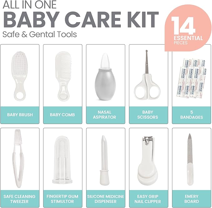 Lulyboo Baby Grooming Kit 14-Piece - Safe, BPA-Free, Certified for Newborns & Toddlers with Comb, Brush, Nail Clippers, Scissors, Nasal Aspirator, Travel Bag - Complete Baby Care Set for Newparents