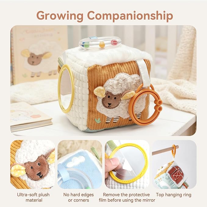 let's make Baby Activity Cube, Farm Soft Block Sensory Toys 6-12 Months with Rattle, 3D Corduroy, Mirror & Travel Clip - Tummy Time Toy Boy Girl Gifts
