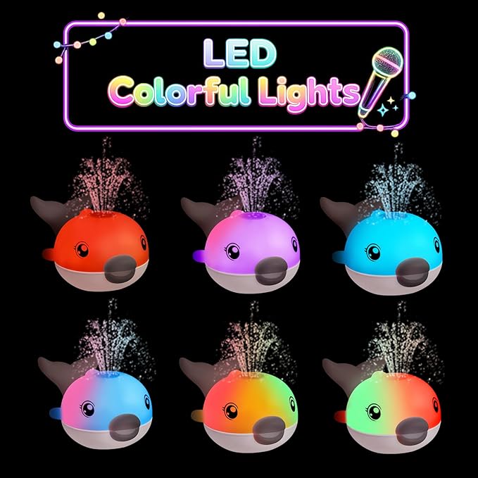 Bath Toys, Light Up Dolphin Baby Bath Toys for Babies 6-12 12-18 Months, Rechargeable Sprinkler Musical Toys, Easter Basket Stuffers Bathtub Toys for Toddlers 1-3 2-4 Boys Girls Infant Kids- Grey