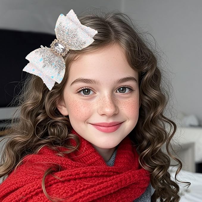 Christmas Snowflake Hair Bow Clips – Glitter White Snowflake Bow Hairpins for Women Girls Holiday Rhinestone Alligator Clips, Xmas Hair Accessories, Festive Holiday Bows Barrette Christmas Gift 2pcs