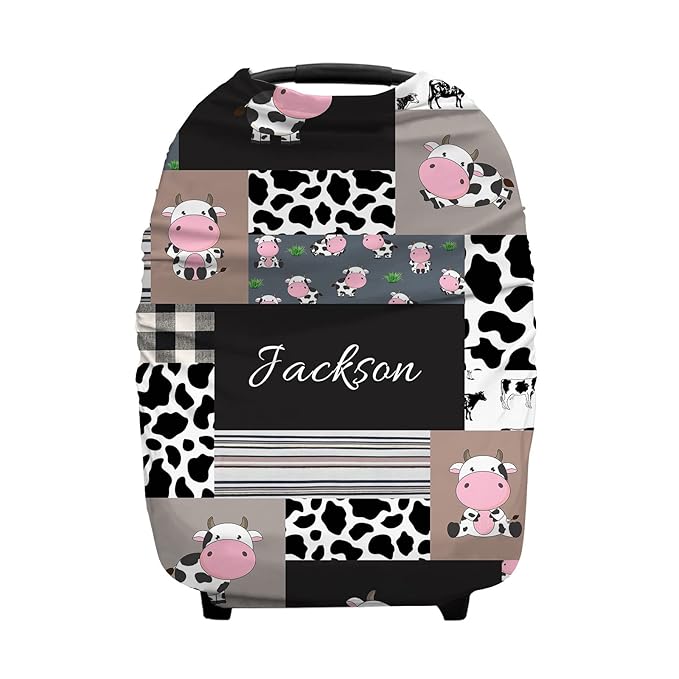 Personalized Baby Car Seat Cover for Boys Girls, Custom Nursing Covers for Breastfeeding with Name, Infant Stroller Cover, Baby Carseat Canopy for Newborn, Multiuse Car Seat Canopies, Cute Cow Plaid