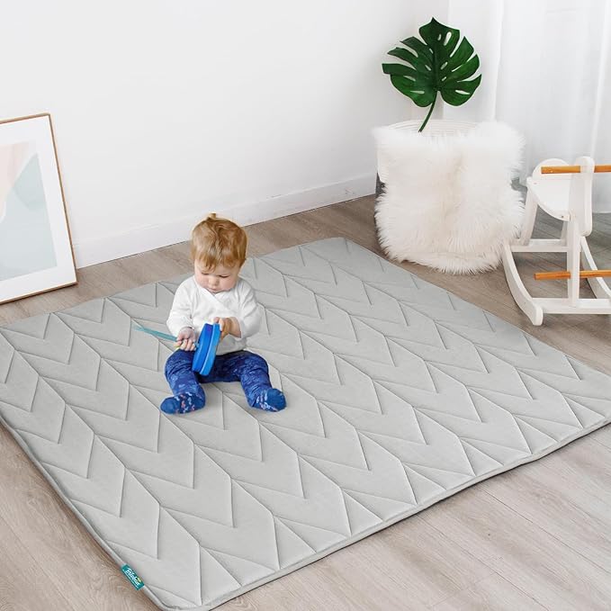 Biloban Foam Muslin Play Mat 71×59, Fits for Dripex & Suposeu Playpen, One-piece Crawling Mat for Baby & Toddler to Play on Floor, Non Slip, Grey