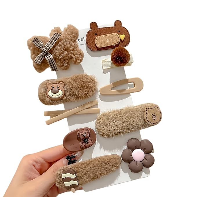 (10 Pcs) Super Cute Lovely Warm Autumn Winter Spring Theme Kid's Hairpin Flower Floral Bear Bowknot Hair Clips Hair Decoration Women Girls Salon Hairstyle Hairdressing Grip -Brown 2