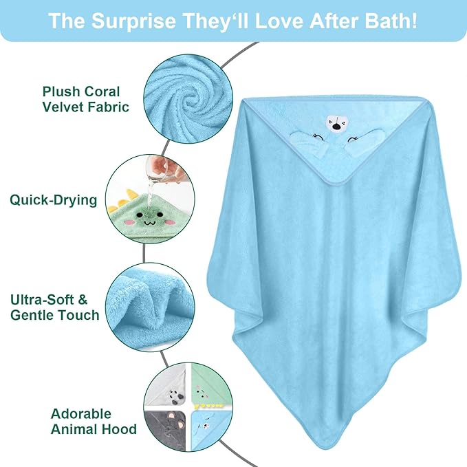 14PCS Baby Bath Towels Set, 4PCS Animal Hooded Baby Towels(31.5''x31.5'') & 10PCS Washcloths for Newborn, Toddler, Soft and Absorbent Coral Fleece, Essential Gifts for Boys & Girls