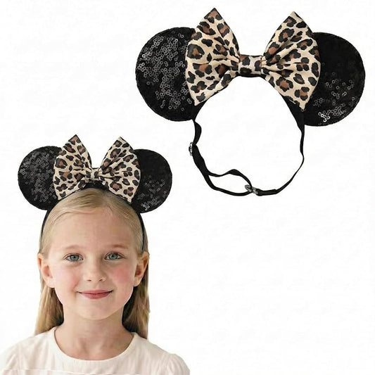 Adjustable Mouse Ears Hair Bow Headband, Cheeath Leopard Printed Elastic Hairband for Toddlers Baby Girls
