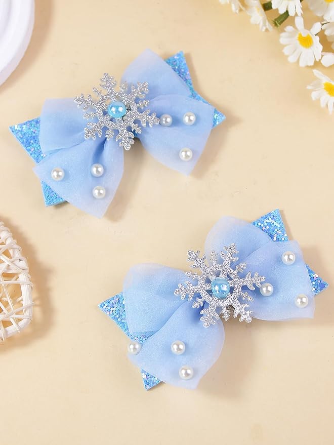 2PCS Baby Girl Dog Gift Wrap Hair Bow Clips Barrettes Blue Glitter Hair Bow Clips with Snowflake and Pearl Embellishments Assorted Hair Accessories Alligator Clip for Little Girls Toddler Kids Teens