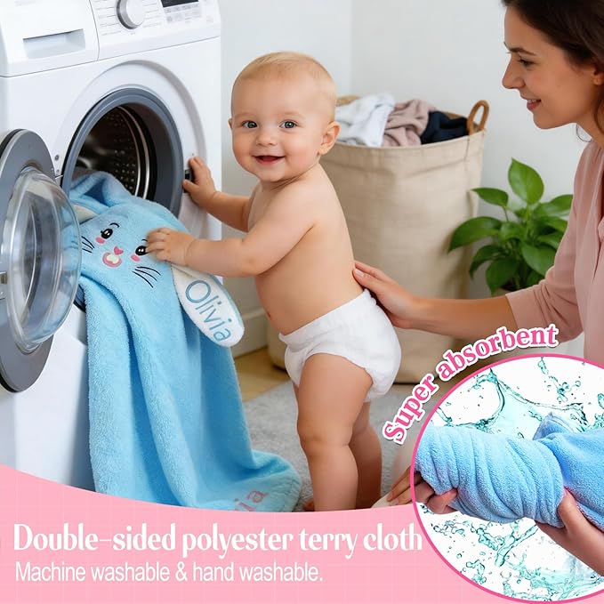 Custom Hooded Bath Towel with Name, Personalized Highly Absorbent Bunny Towels, Baby Bath Towels for Girls Boys, Easter Brithday Shower Gifts for Baby, Toddler, Newborn (Blue)