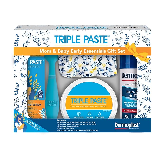 Triple Paste Mom & Baby Gift Set, New Baby Essentials Kit, 5-Piece—Diaper Rash Ointment 8oz Jar & 2oz Tube, Spatula Applicator, Dermoplast Spray, Multi-Use Cover, Mom Postpartum Essentials