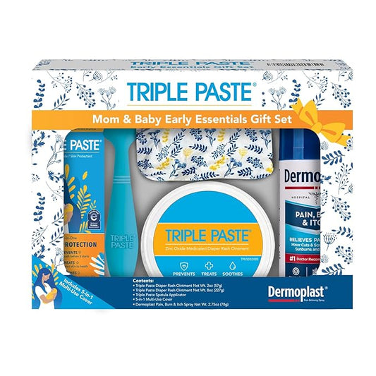 Triple Paste Mom & Baby Gift Set, New Baby Essentials Kit, 5-Piece—Diaper Rash Ointment 8oz Jar & 2oz Tube, Spatula Applicator, Dermoplast Spray, Multi-Use Cover, Mom Postpartum Essentials