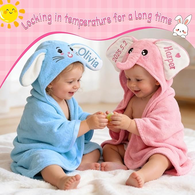 Custom Hooded Bath Towel with Name, Personalized Highly Absorbent Bunny Towels, Baby Bath Towels for Girls Boys, Easter Brithday Shower Gifts for Baby, Toddler, Newborn (Blue)