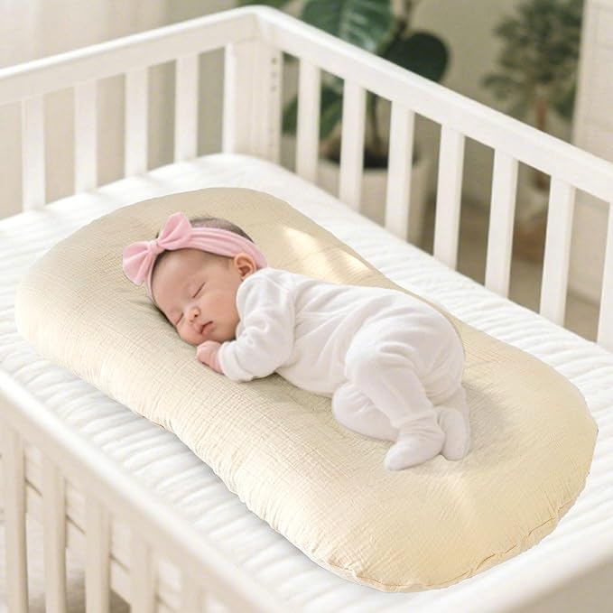 DILIMI Baby Lounger Covers, 2 Pack Muslin Newborn Lounger Cover, Soft Comfortable Removable Infant Pillow Slipcover for Girl and Boy, Beige & Brown Checkered (Lounger not Included)