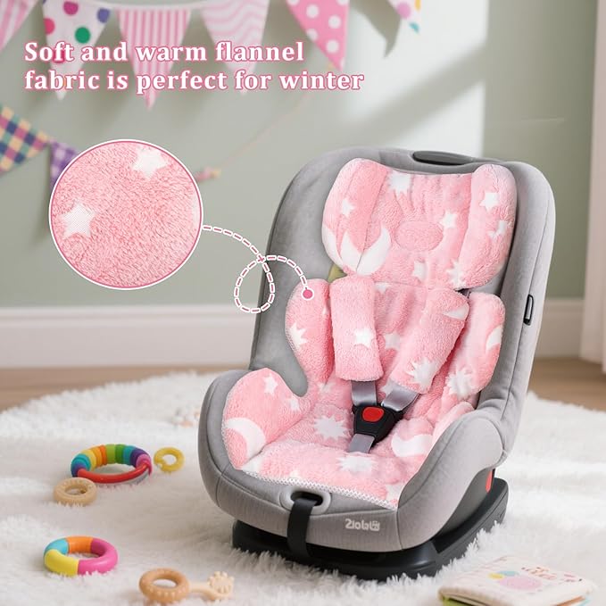 Infant Car Seat Insert Cushion, Baby Car Seat Head Body Support with 2 Extra Strap Paddings, Newborn Car Seat Insert for Baby Girls & Boys, Premature Carseat Cushion, Pink Moon and Star