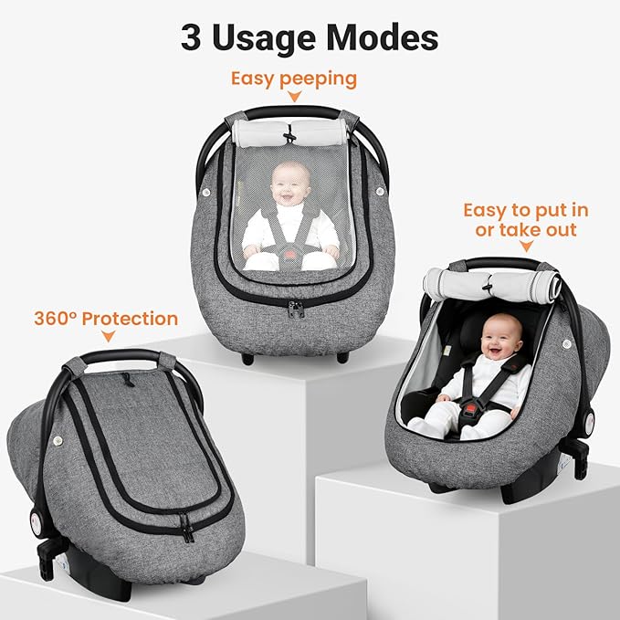 Rquite Car Seat Cover Baby, Carseat Covers Boy Girl, 2 Layers Window -Breathable Mesh & Wind/Sun Shade, Infant Car Seat Canopy Baby Carrier/Stroller Cover, Fit Spring, Fall, Winter, Cold Weather