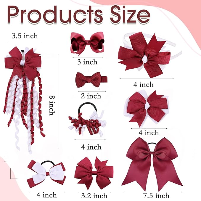 School Hair Accessories Set 14 Pcs Uniform Hair Bow Headband Clips Hair Ties Curly Korker Bows for Little Toddler School Girls (Burgundy&White)