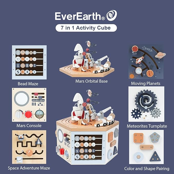EverEarth Wooden Activity Cube with Bead Maze, Space Activity Cube for Toddlers 1-3 Girls Boys Multi Play Educational Learning Montessori Cube Toddler Toy Wood Shape Color Sorter - FSC Certified