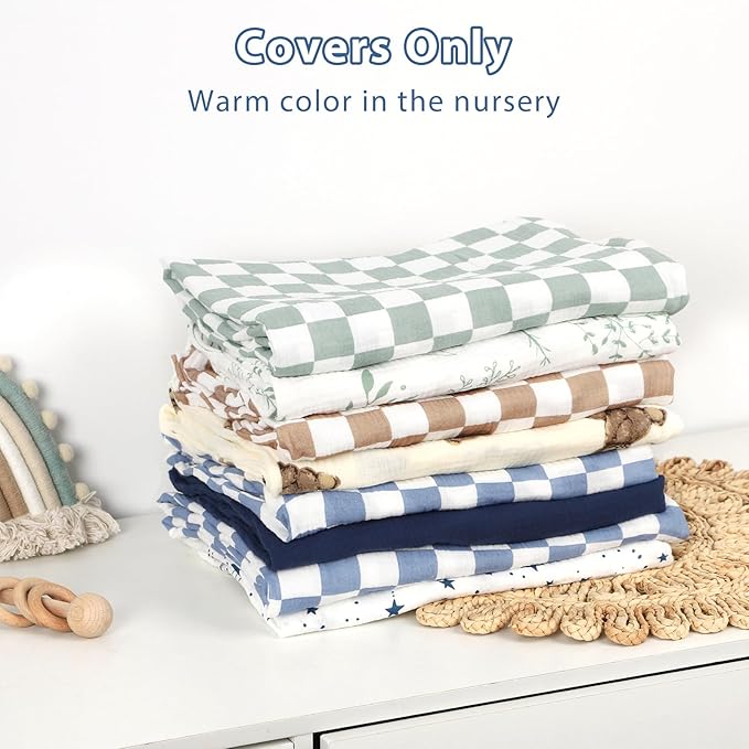 Hooyax Muslin Baby Lounger Cover 2 Pack - 100% Breathable Cotton Soft Infant Lounger Covers, Fits Most Standard Newborn Loungers & Pillows (Blue Checker + Navy)