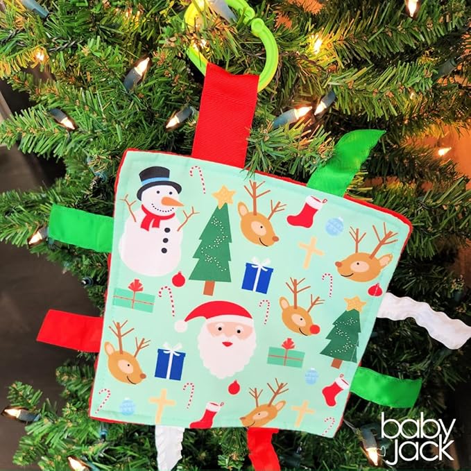 Baby Jack & Co 8x8” Baby's First Christmas, Stocking Stuffer, Santa Gift, Rudolph Red Nose Lovey Tag Toy - Crinkle Toy for Developing 5 Senses - Soother - Travel Gift - BPA Free w/Stroller Clip
