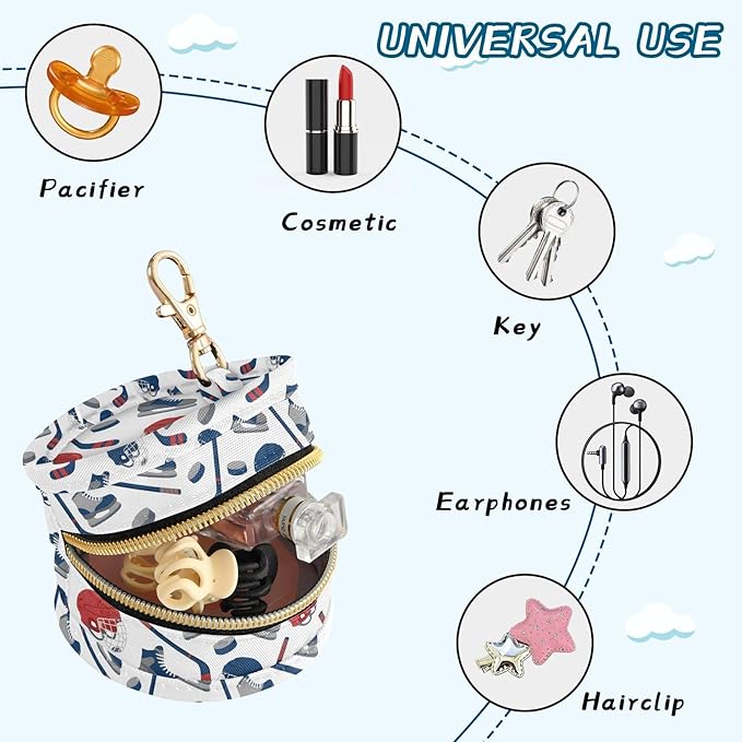 Hockey Skates White Print Pacifier Holder Case for Diaper Bag Portable Travel Pacifier Storage Case with Clip Newborn Baby Pouch for Baby Boys Girls Purse Outdoor