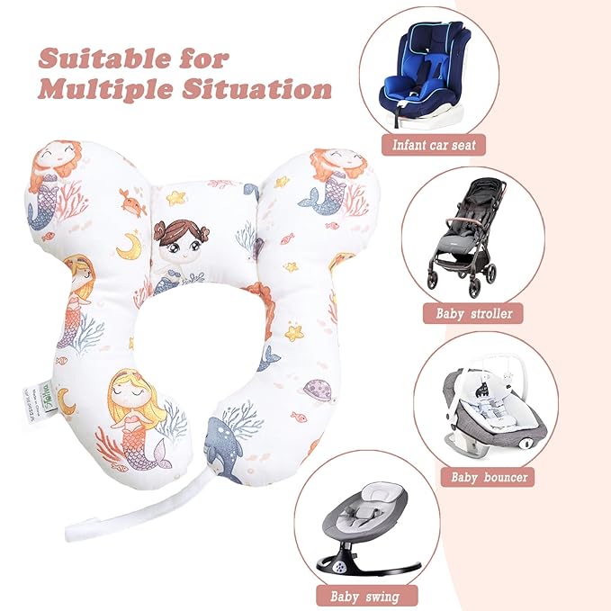Baby Travel Pillow for Car Seat and Stroller, Soft Reversible Comfort Pillow, U-Shape Seat Accessory for Toddler, Mermaid Design