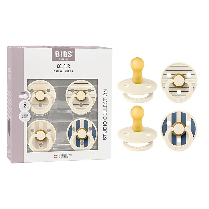 BIBS Studio Pacifier 4-Pack, BPA Free Pacifiers, Round Nipple. Natural Rubber Latex, Made in Denmark, Size 2 (6-18 Months), Ivory