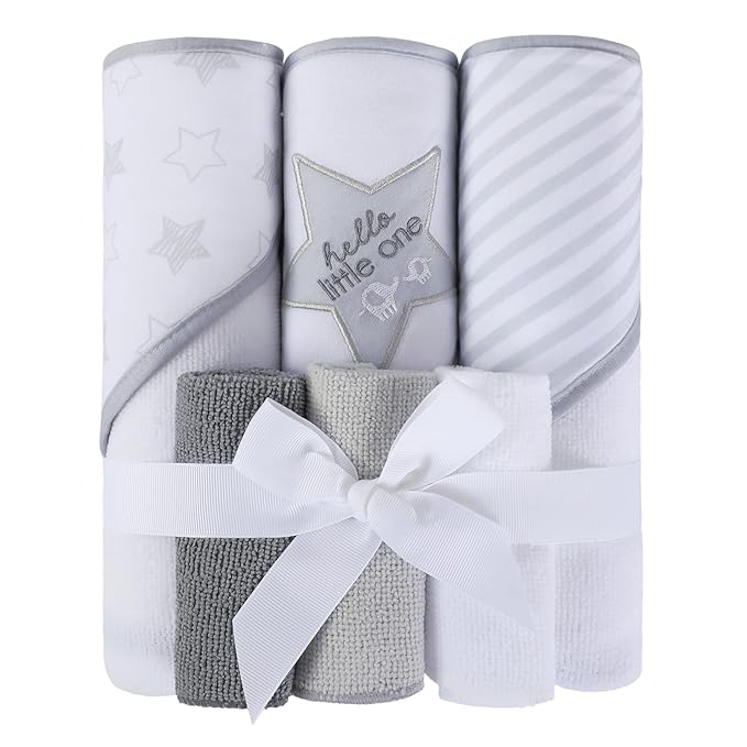 Softan Baby Hooded Towels and Washcloths Set 6 Pack, 28x28 Ultra Soft & Absorbent Baby Bath Towels for Newborn Infant Toddler, Unisex Boys Girls (Grey Star)