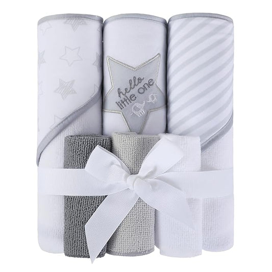 Softan Baby Hooded Towels and Washcloths Set 6 Pack, 28x28 Ultra Soft & Absorbent Baby Bath Towels for Newborn Infant Toddler, Unisex Boys Girls (Grey Star)