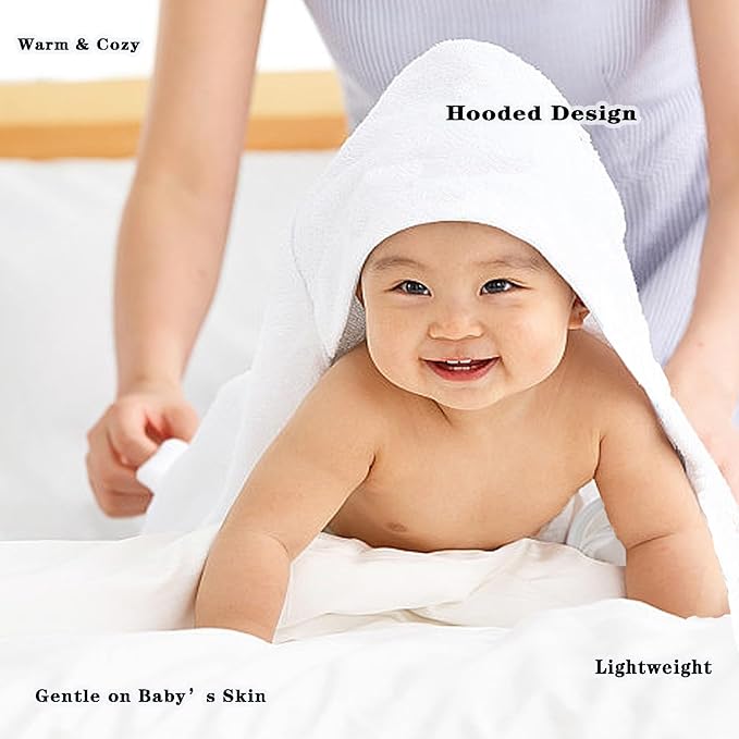 Baby Hooded Bath Towel 31.5"x31.5" Ultra Absorbent Soft Coral Fleece, for Newborn Infant Toddler Up to 3 Years, Unisex Bathrobe Blanket for Boys & Girls 2PCS(Snow-White)