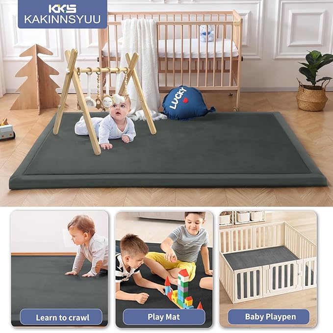 2-Inch Extra Large Memory Foam Play Mat | 59"x79" Large Baby Play Mat for Tummy Time & Crawling | Memory Foam with Non-Slip Base | Ultra Soft Flannel Cover | for Infants & Toddlers, Dark Gray