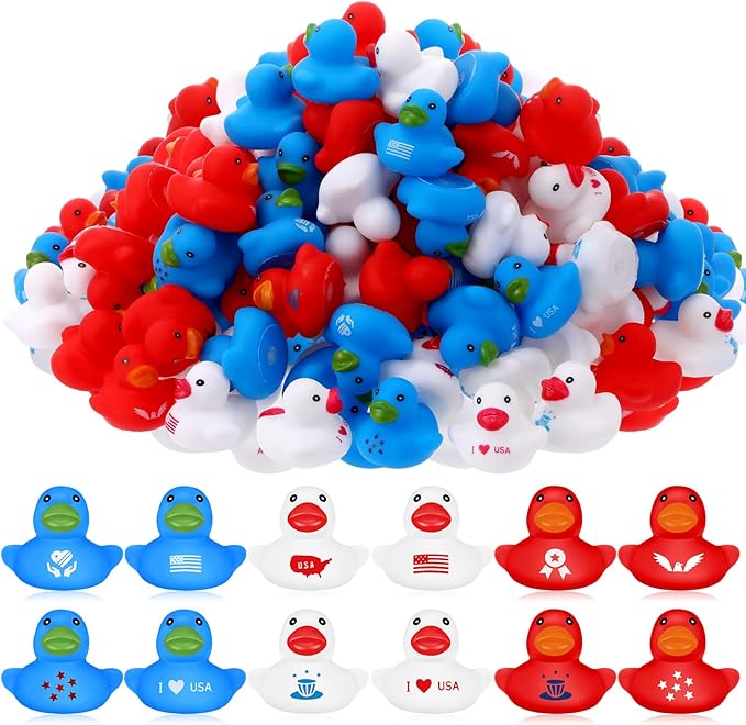 Junkin 300 Pcs Patriotic Rubber Ducky Bulk 1.57 Inch 4th of July Float Rubber Ducks Independence Day Small Duckies Bulk for Memorial Day Pool Party (Patriotic)