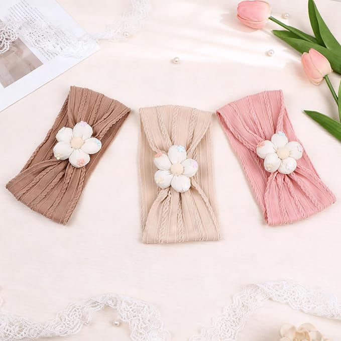 MIUXUESO 3 Piece Baby Girls Flower Headband, Florals Nylon Headband Soft Comfortable Elasticity Hairbands Baby Shower Newborn Essentials for Infant Toddlers (Beige Pink Khaki)