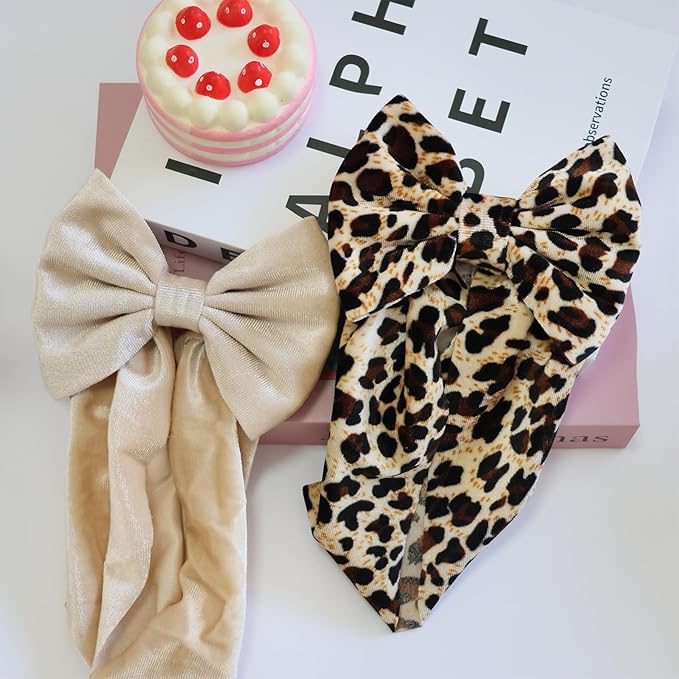 Velvet Khaki Leopard Baby Headbands Big Bows for Baby Girls Velvet Soft Hairbands Bows Wide Head Wrap Beige Hair Accessories for Newborn, Infant Toddlers 0-6Months