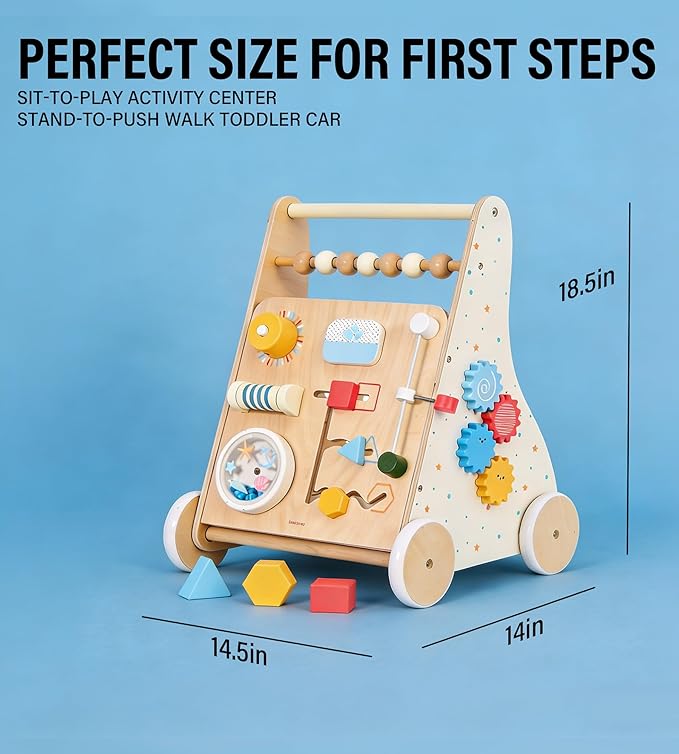 Wooden Baby Walker with Wheels Montessori Activity Push Walker for Todlers Baby Gift for 1 Year Old Girl & with Baby Activity Center