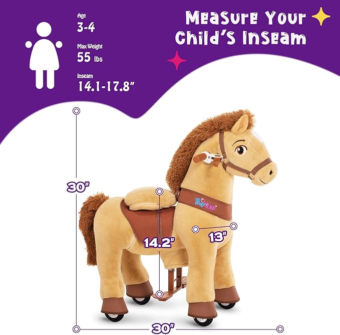 PonyCycle Kids Ride on Horse Toys Plush Interactive Riding Horse Ride for Toddlers 3-4 Walking Rocking Horse with Wheels, No Battery or Electricity, Giddy up Riding Toys Light Brown E336