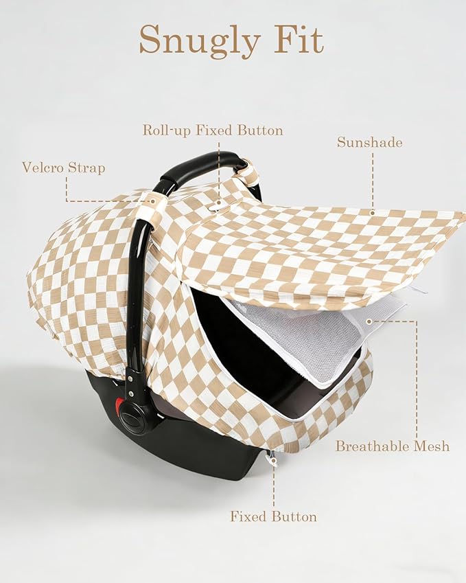 DILIMI Car Seat Covers for Babies, Muslin Cotton Baby Car Seat Cover with Breathable Mesh Window, Summer Infant Car Seat Canopy for Boys Girls Newborn, Brown Plaid