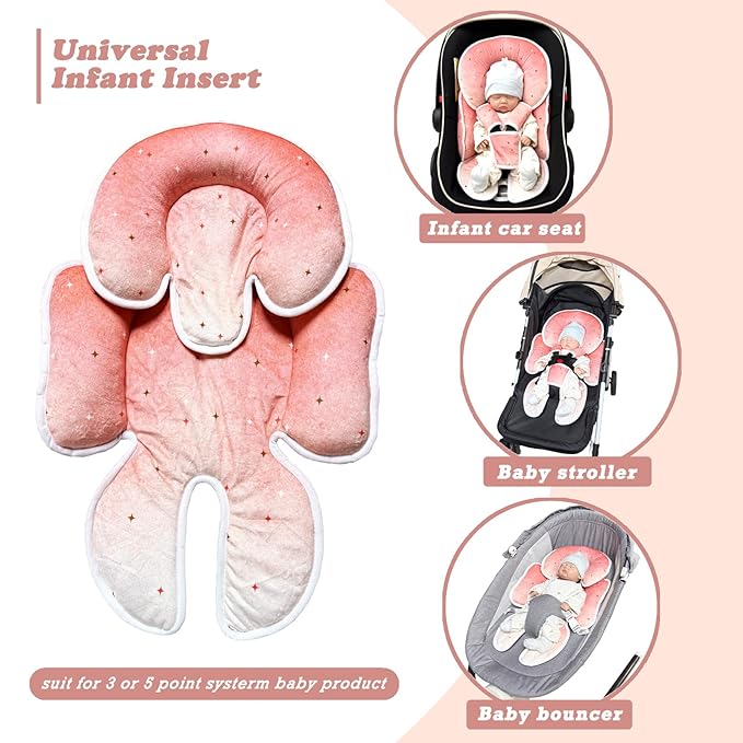 Infant Car Seat Insert, Soft Baby Car Seat Head Body for Girl Boy, Reversible Baby Carriage Pad with Strap Covers Fit Car Seat, Stroller, Bouncer, Pink Star