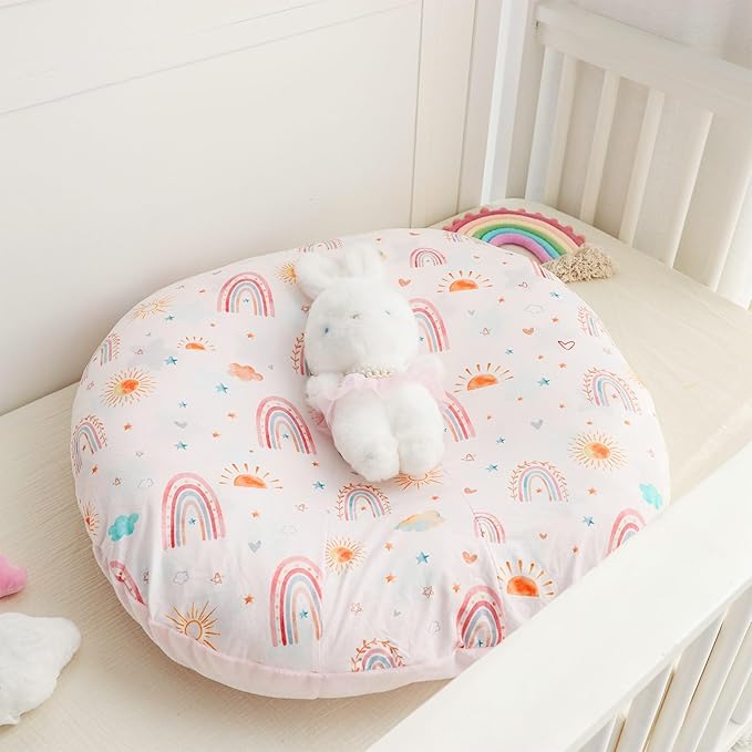 Newborn Lounger Cover for Girls Boys, Removable Soft Baby Lounger Cover, Reversible, Minky, Pink Rainbow & Sun